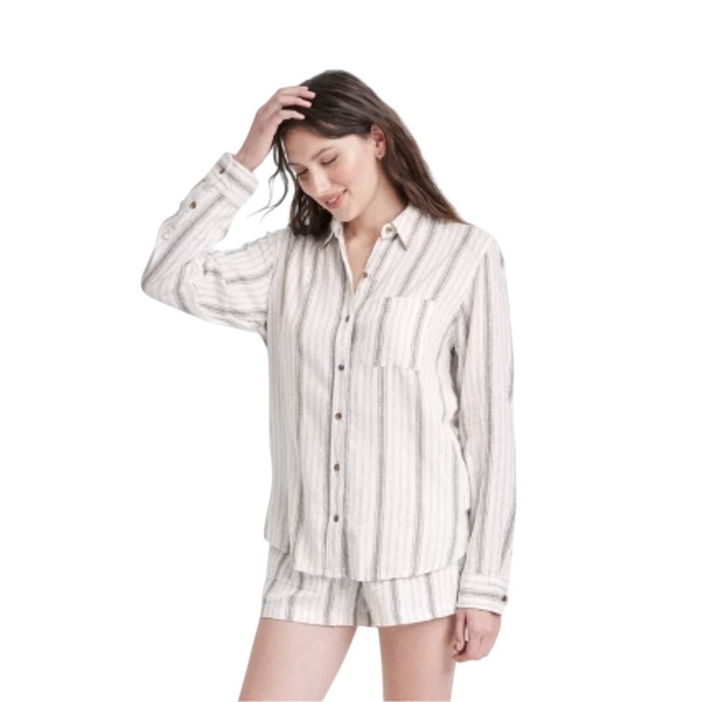 Universal Thread Women's Gray Linen Blend Striped Button Down Shirt Size S